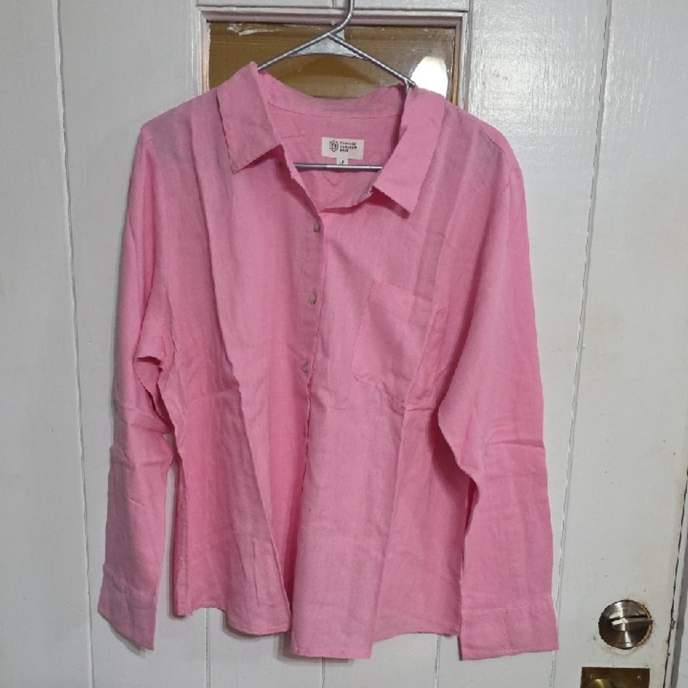 NWT Candace Cameron Bure Linen/Viscose Blouse Pink Buttons Pocket Open Pkg Sz LP